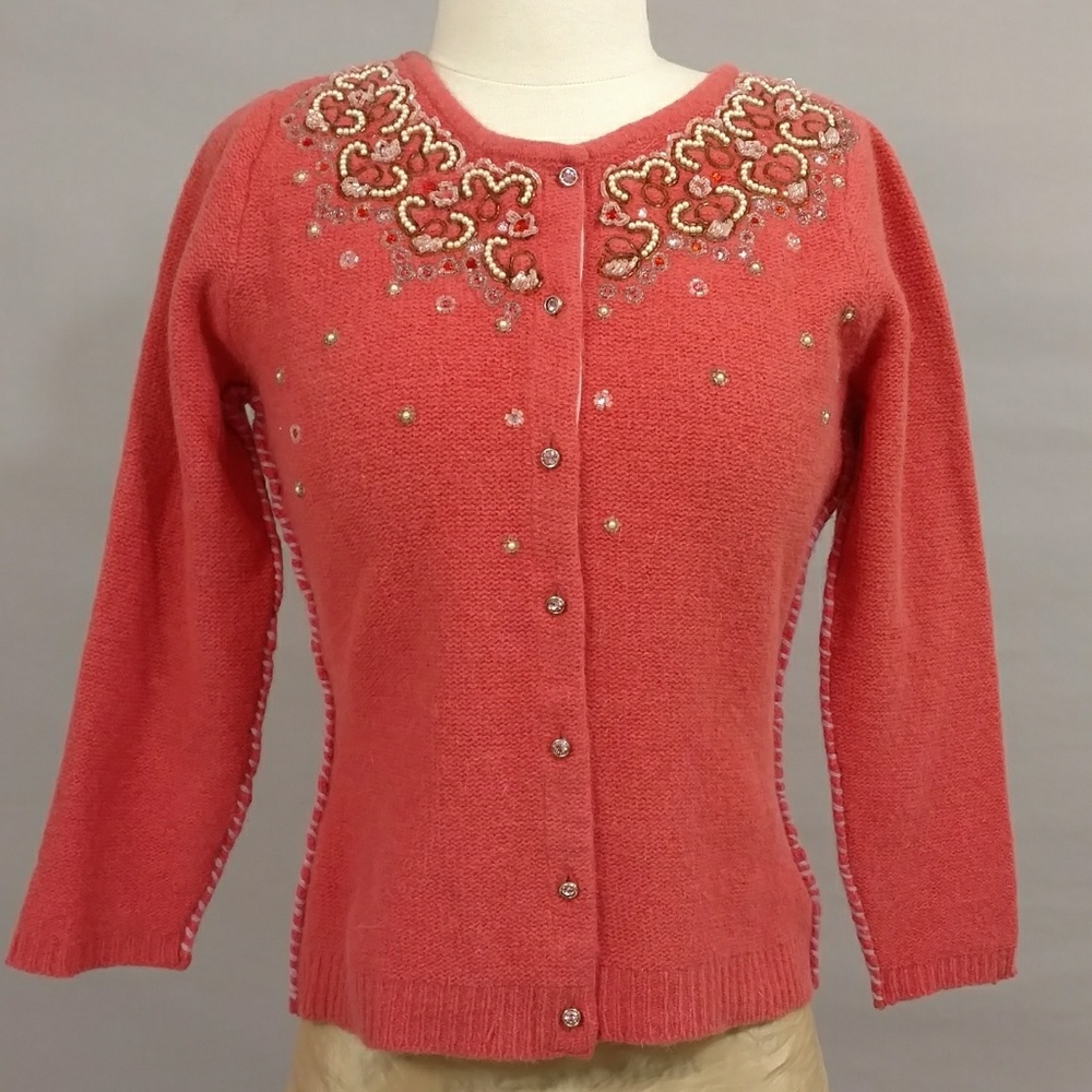 Free People Beaded Coral Cardigan Sweater Feminine
